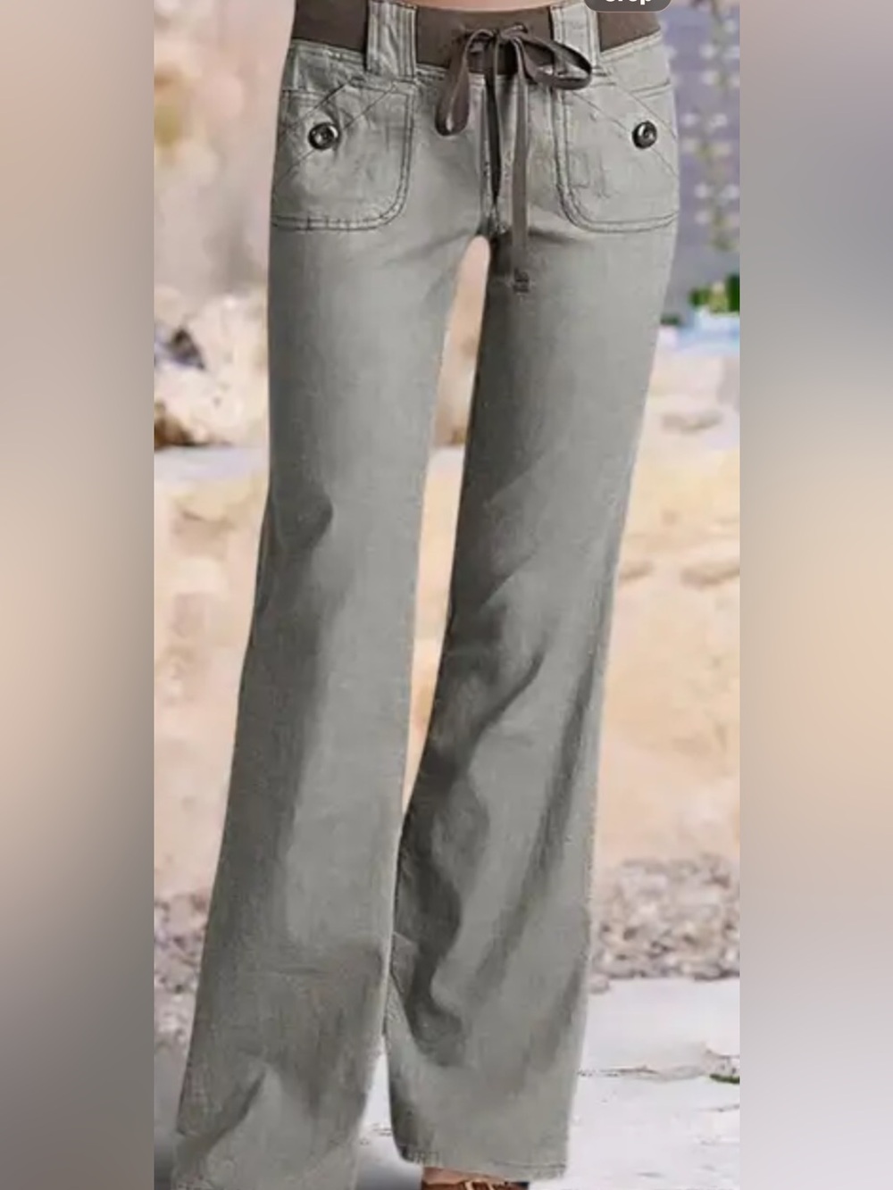 Flamingals Button Detail Drawstring Low Rise Flare Pants NWT •Size L •Light Gray